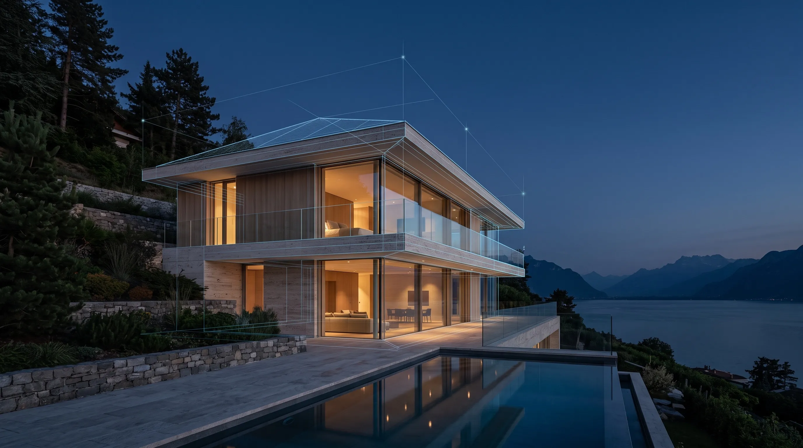 Illustration d’une villa suisse au crépuscule, avec des tracés architecturaux bleus