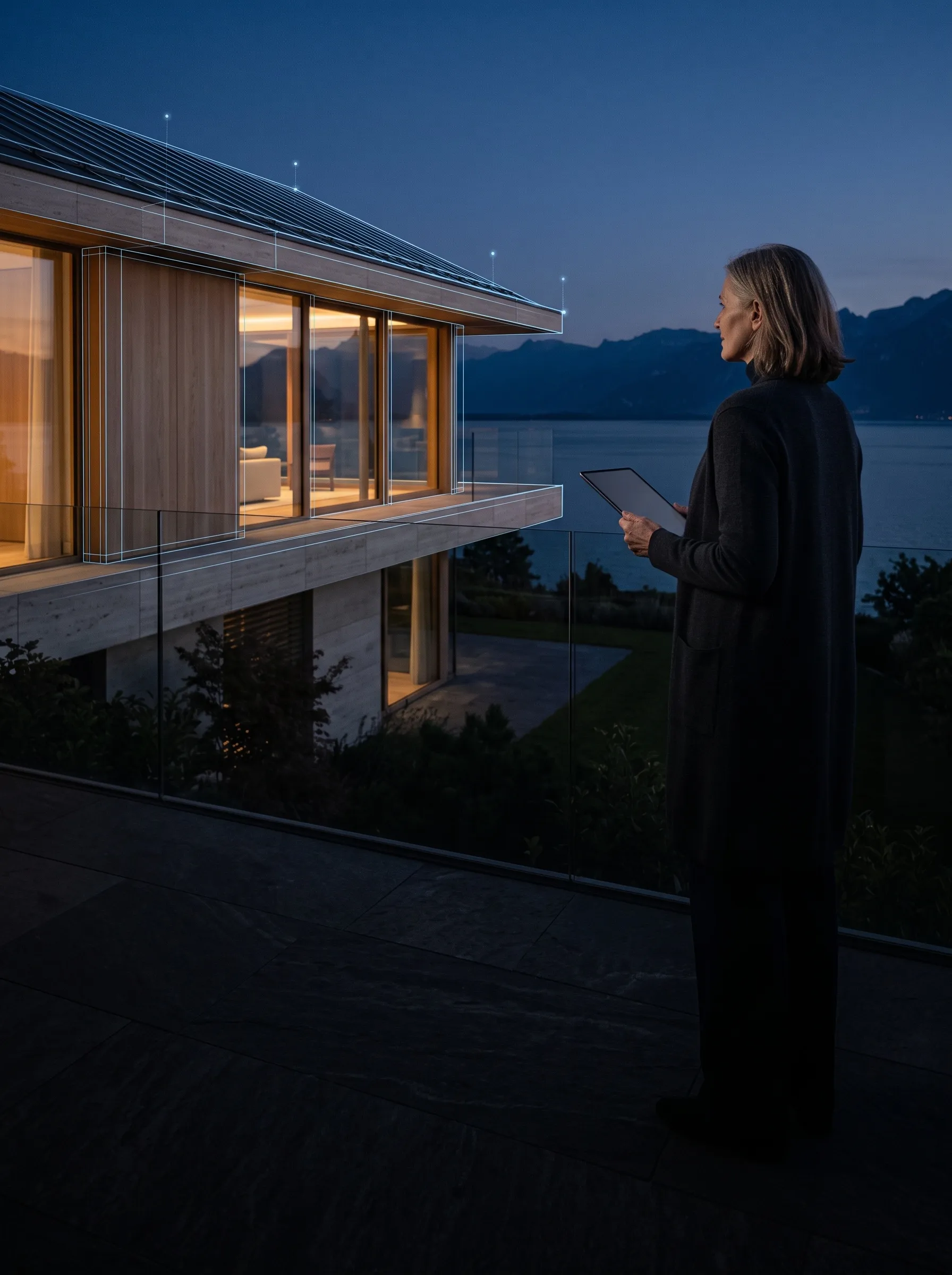 Illustration: propriétaire pilotant sa vente devant une villa soulignée de traits architecturaux bleus