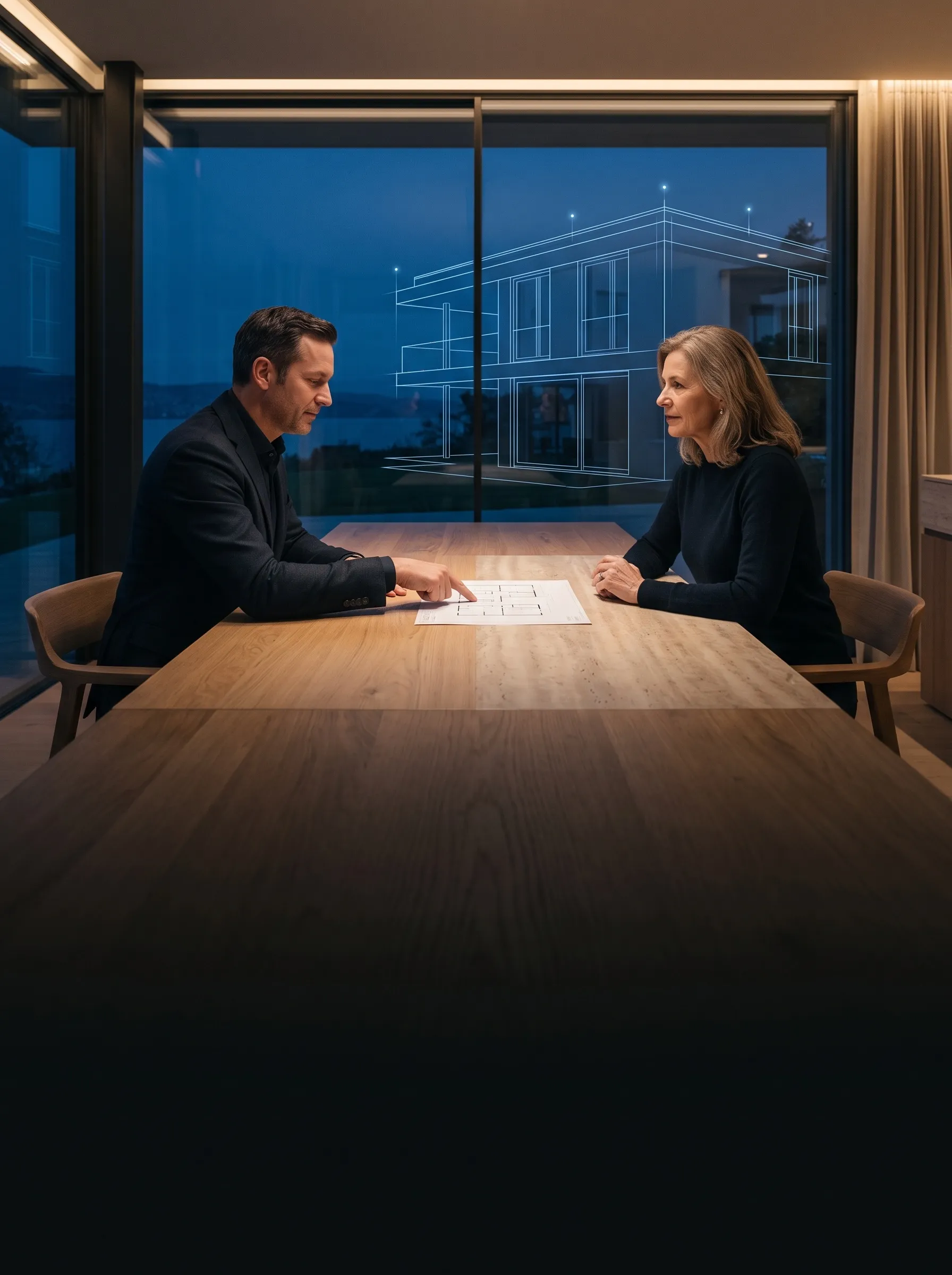 Illustration: échange avec un coach immobilier dans une villa au crépuscule, avec tracés architecturaux bleus