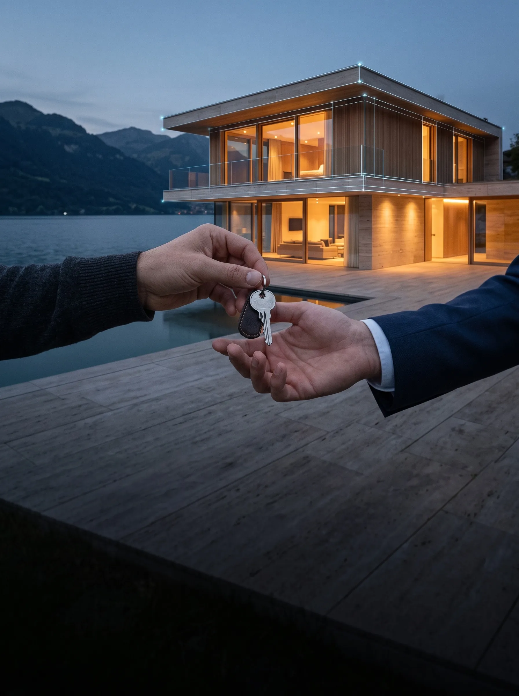 Illustration: remise de clés à un professionnel devant une villa aux tracés architecturaux bleus
