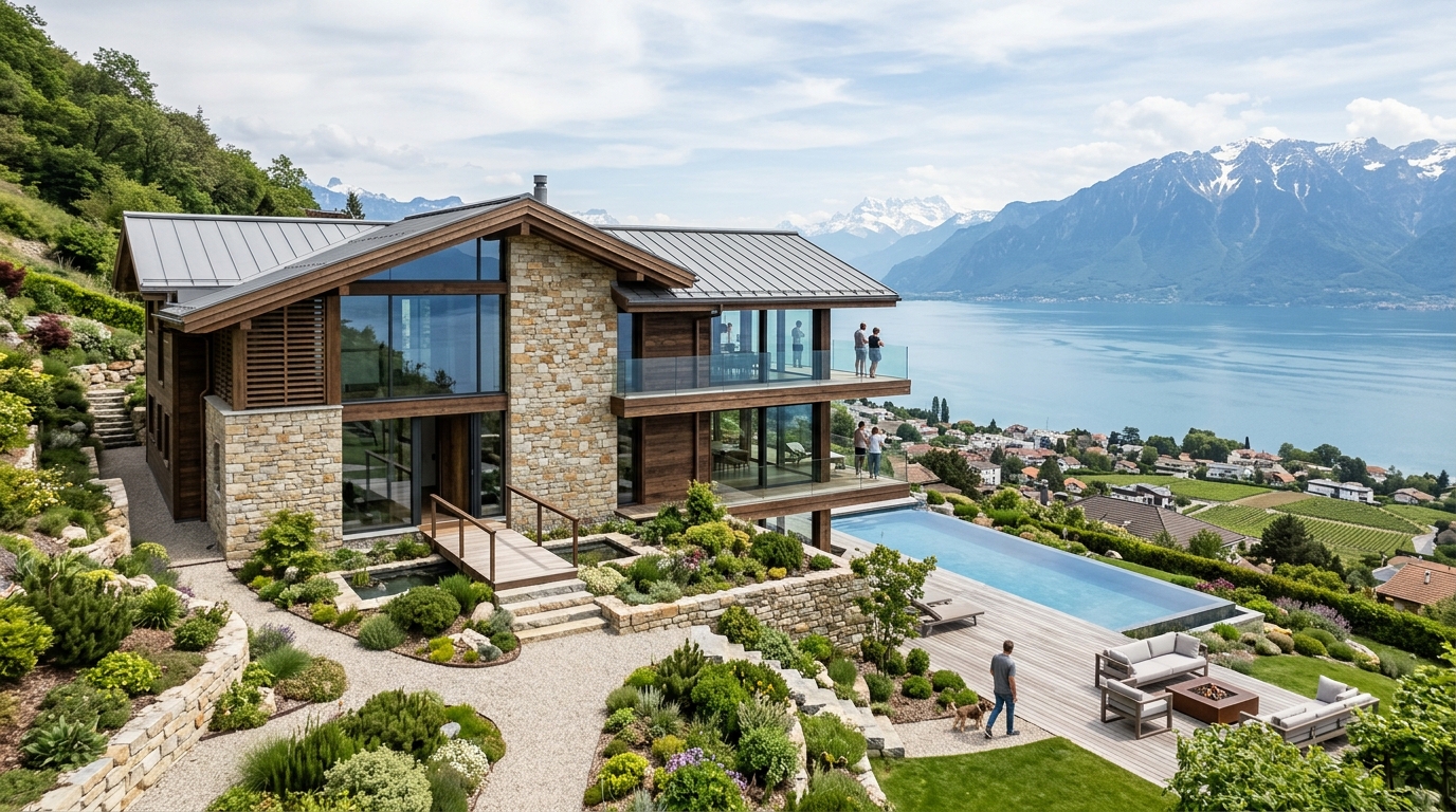 Illustration d’architecture contemporaine suisse face au lac et aux Alpes