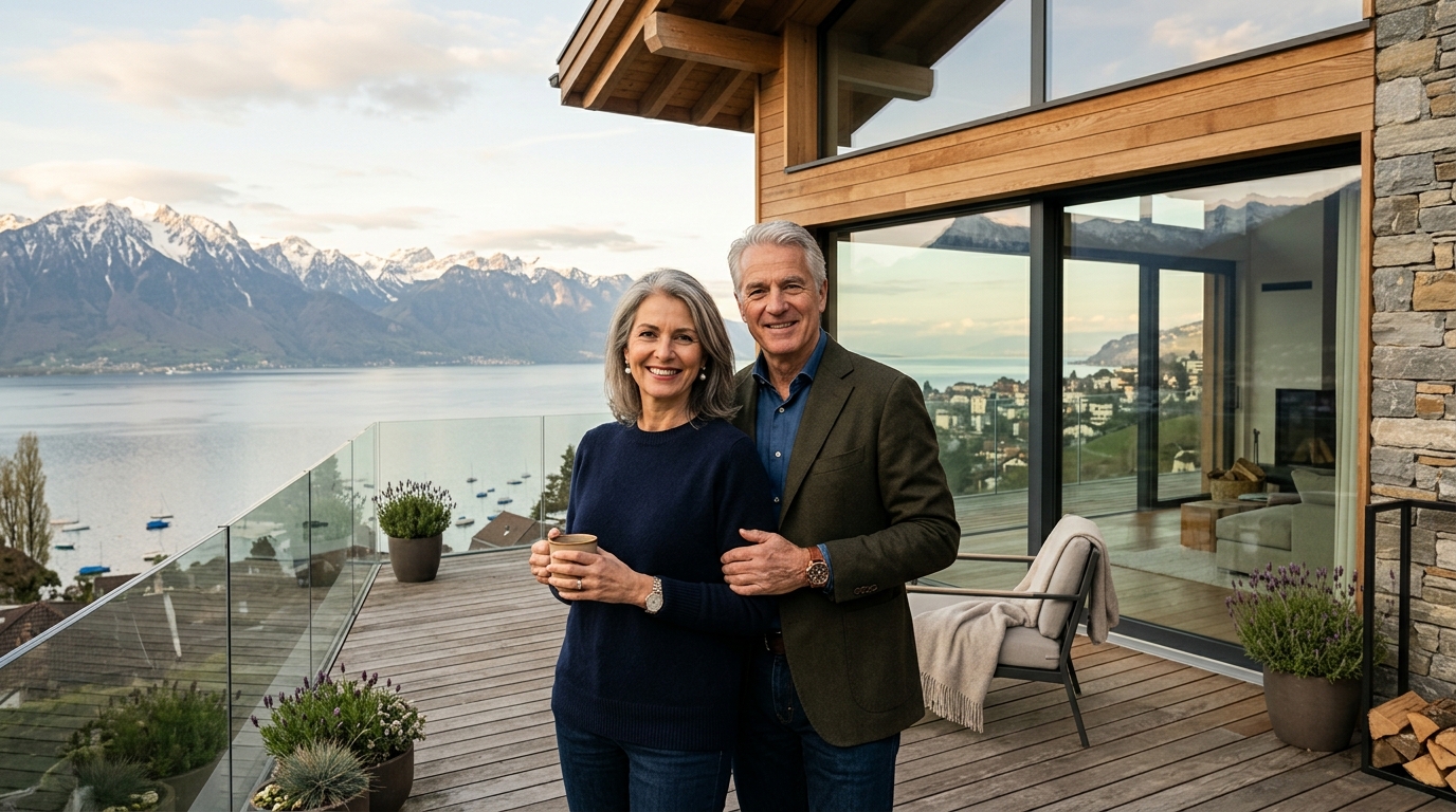 Propriétaires suisses sur leur terrasse face au lac
