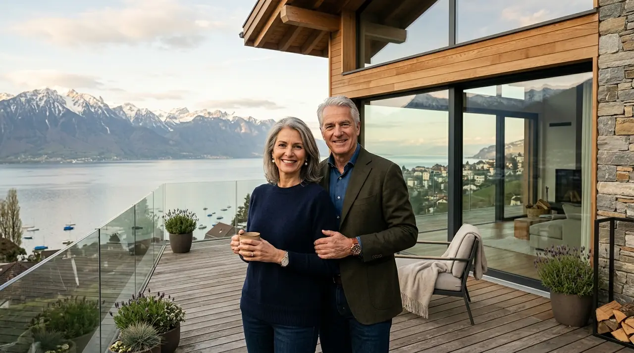 Propriétaires suisses sur leur terrasse face au lac